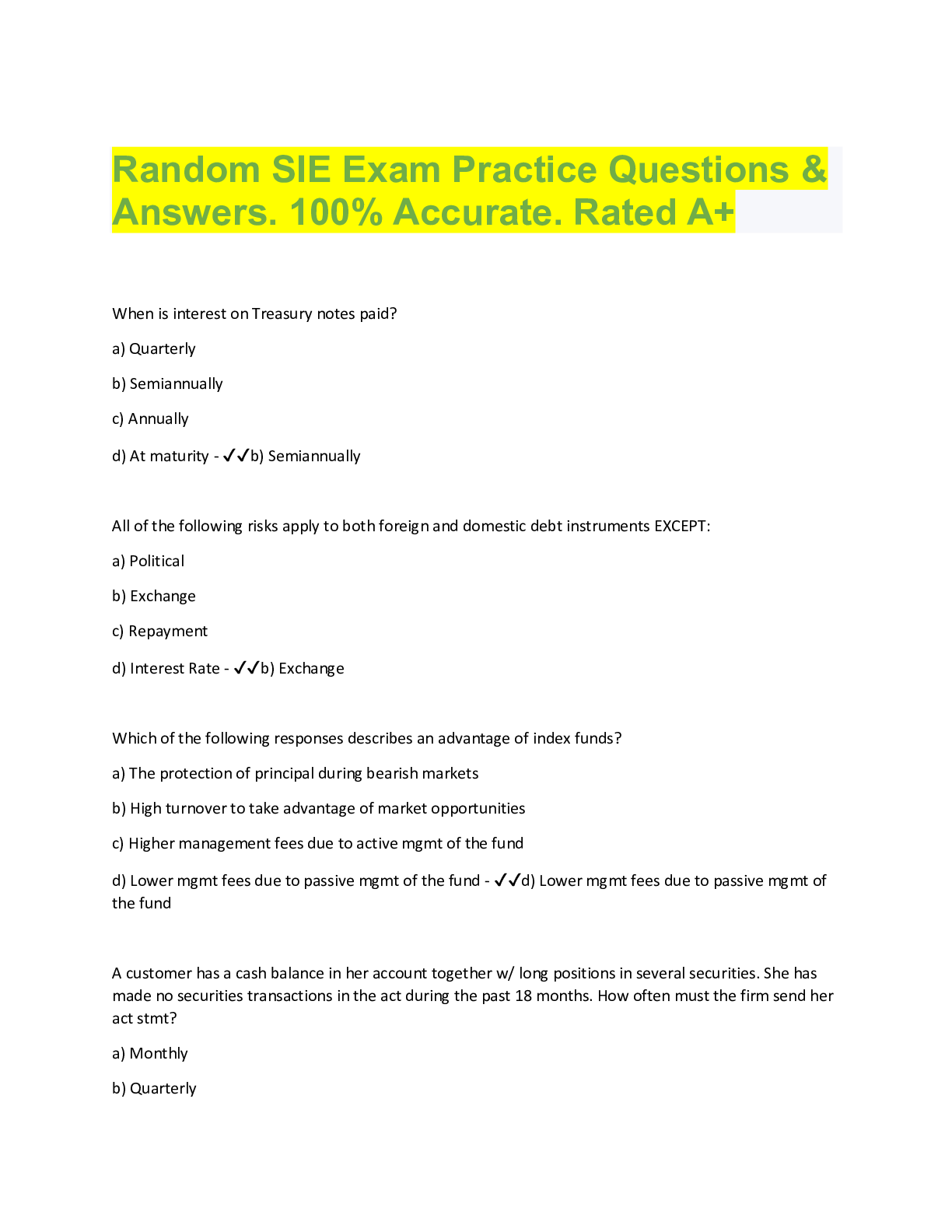 Preview image for Random SIE Exam Practice Questions &  Answers. 100% Accurate. Rated A+